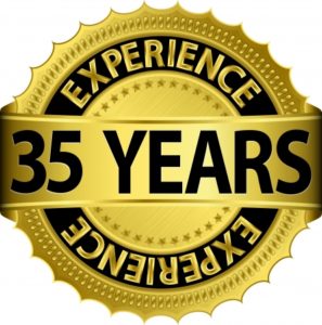 35 years experience golden label with ribbon, vector illustration